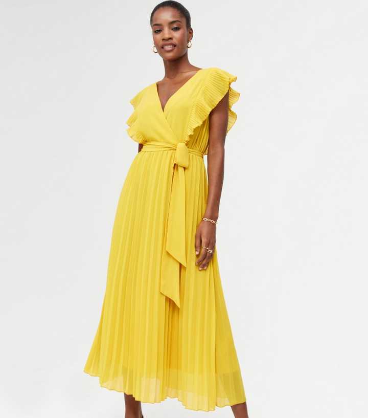 Yellow Ruffle Pleated Chiffon Midi Dress | New Look