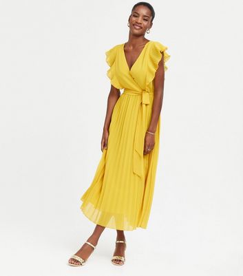 Yellow Ruffle Pleated Chiffon Midi Dress | New Look