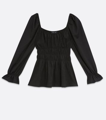 Image of Black Square Neck Shirred Waist Peplum Top New Look