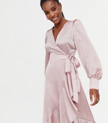 Pink Satin Long Sleeve Wrap Dress | New ...