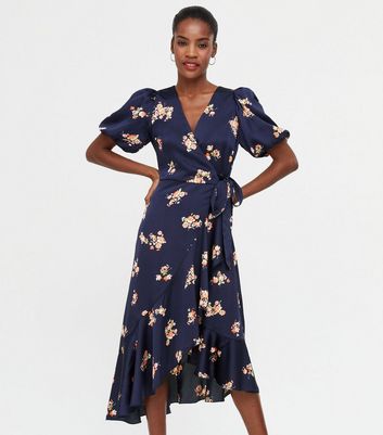 Navy Satin Floral Puff Sleeve Wrap Dress New Look