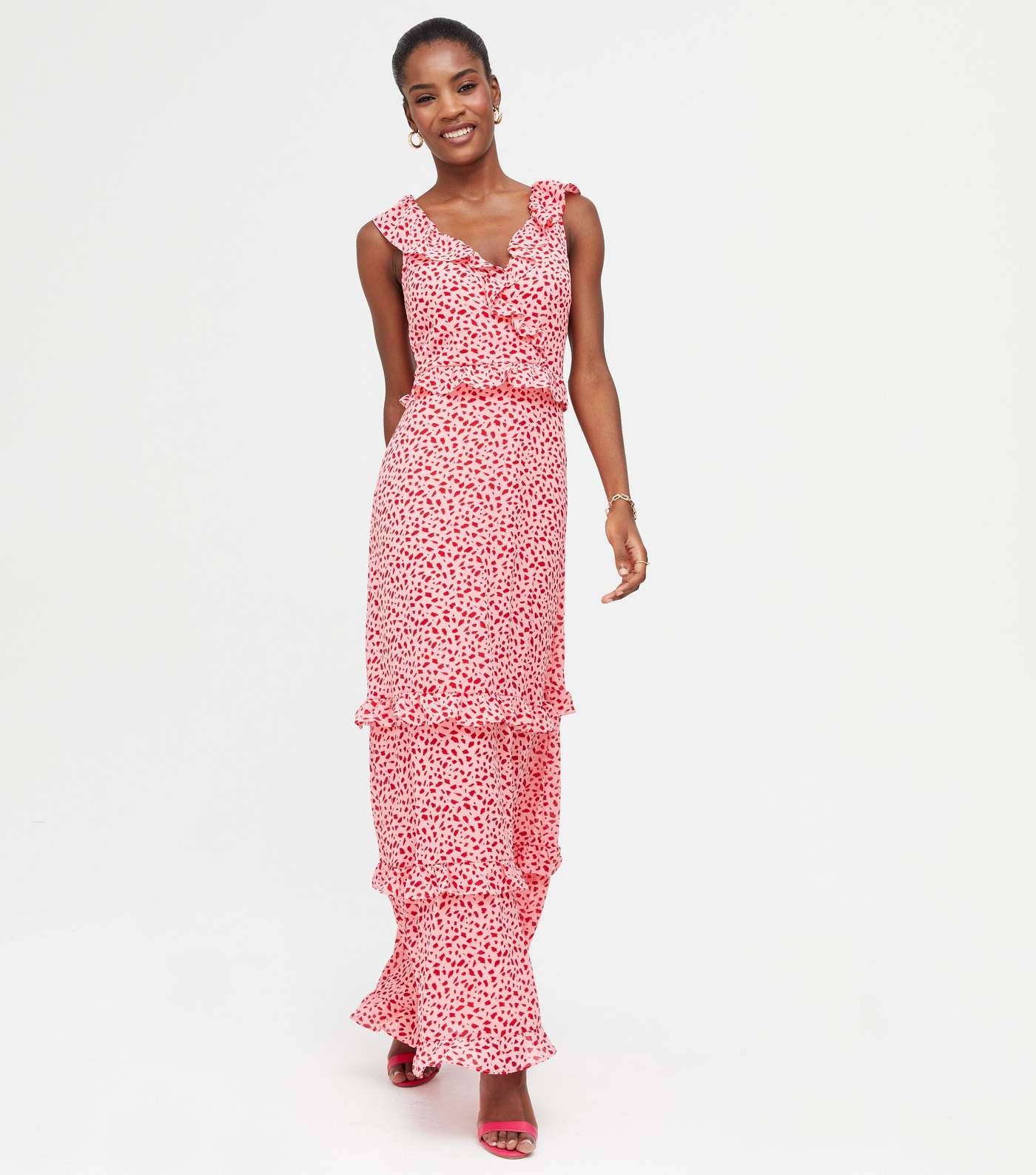 Pink Spot Ruffle Wrap Maxi Dress