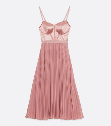 Pink Satin Bustier Pleated Midi Dress 