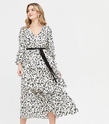 White Spot Tie Front Tiered Midi Dress 