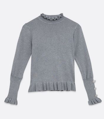 Image of Cameo Rose Pale Grey Ruffle Knit Jumper New Look
