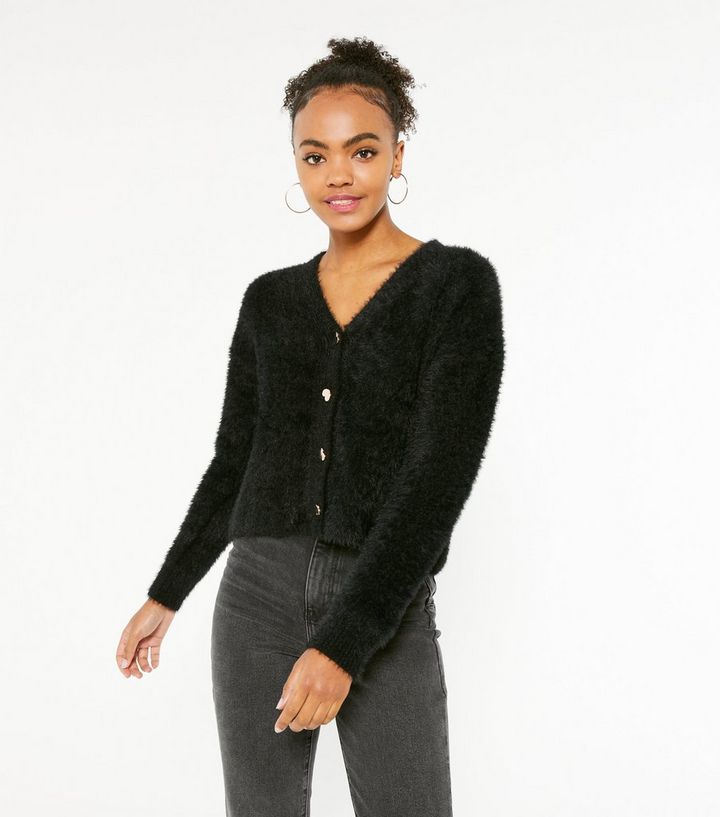 Black Fluffy Knit Heart Button Boxy Cardigan New Look