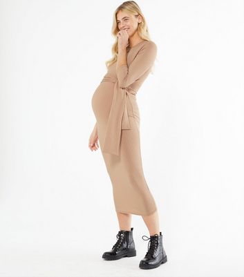Maternity Camel Ribbed Tie Waist Midi 