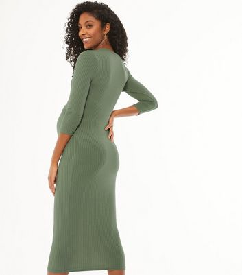 Maternity Olive Ribbed Tie Waist Midi 