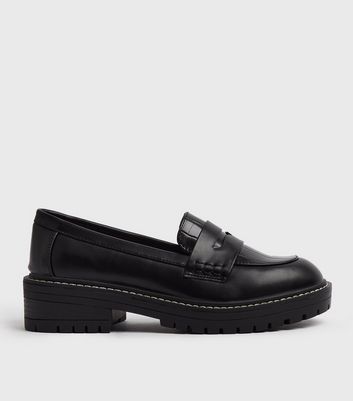 Black Faux Croc Panel Chunky Loafers | New Look