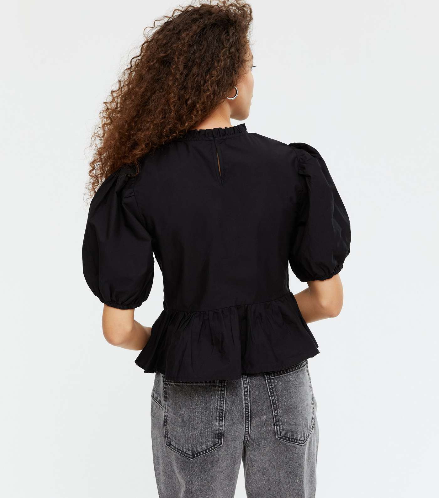 Petite Black Shirred Puff Sleeve Peplum Blouse Image 3