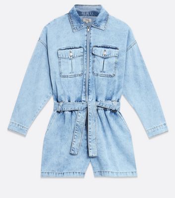 Blue Acid Wash Denim Belted Shirt Playsuit New Look