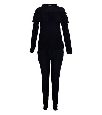Image of Miss Attire Black Ruffle Top and Jogger Set New Look