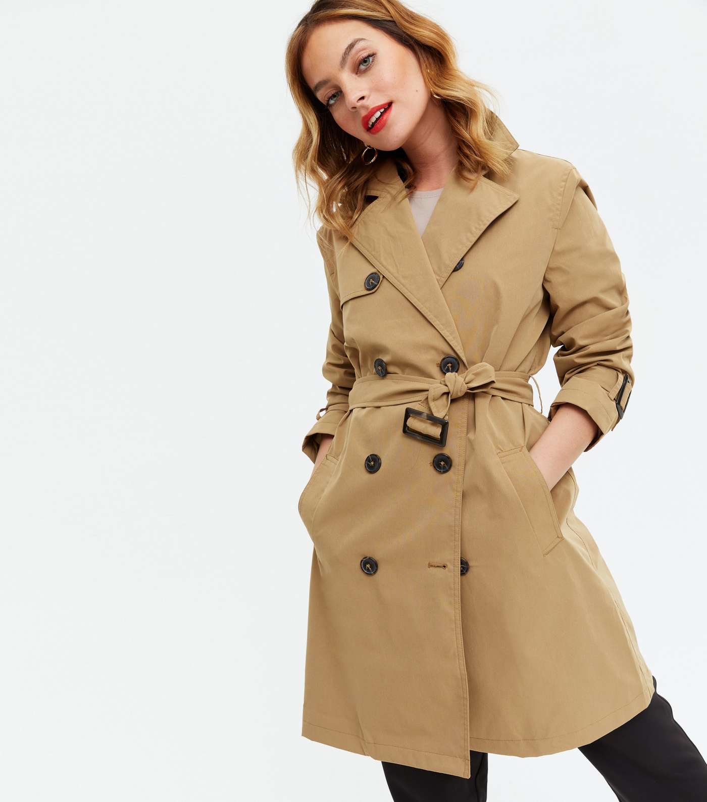 Petite Camel Double Breasted Long Belted Trench Coat