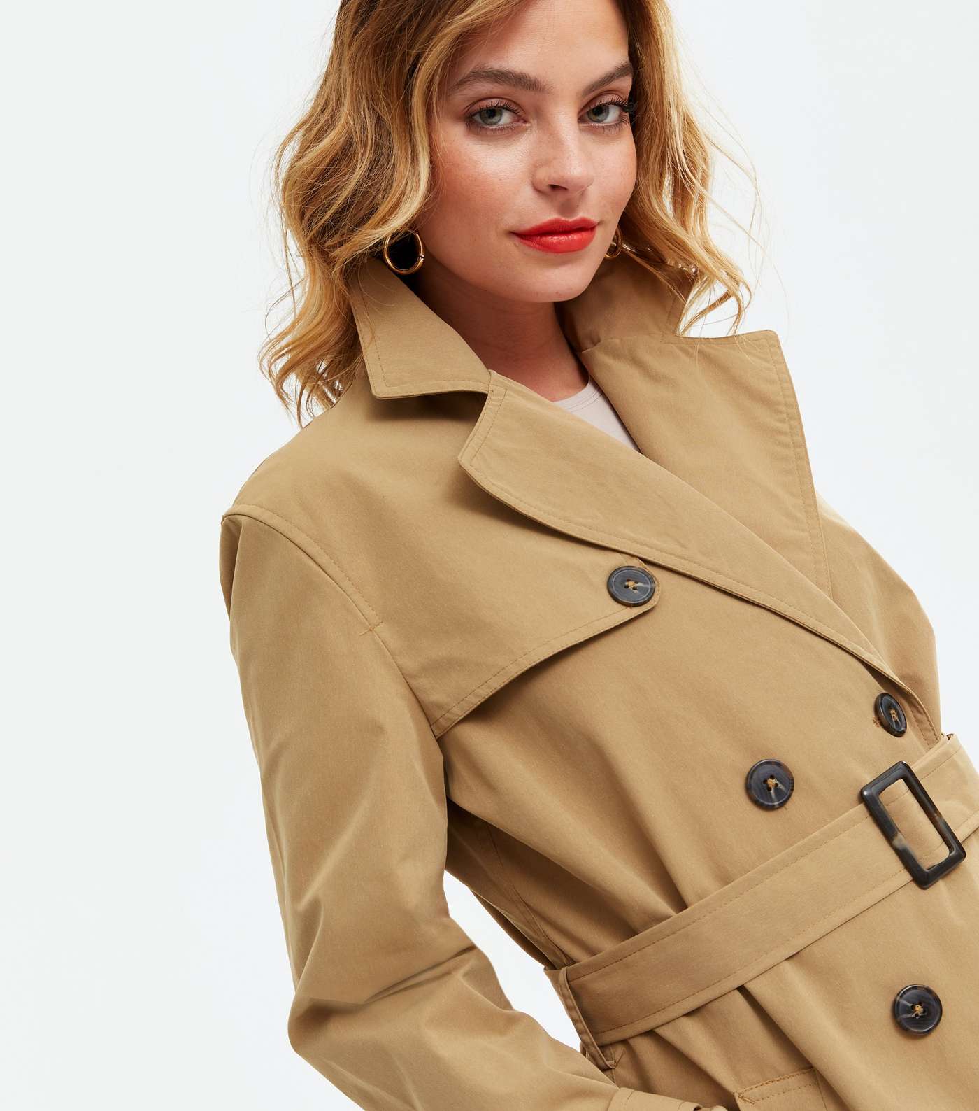 Petite Camel Double Breasted Long Belted Trench Coat Image 3