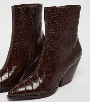 NA KD Dark Brown Faux Croc Western Boots New Look