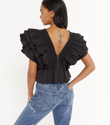 Image of Cameo Rose Black Ruffle Shirred Top New Look