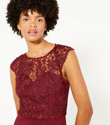 Image of Chi Chi London Burgundy Lace Frill Midi Dress New Look