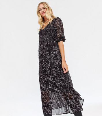 Black Spot Shirred Chiffon Midi Dress | New Look