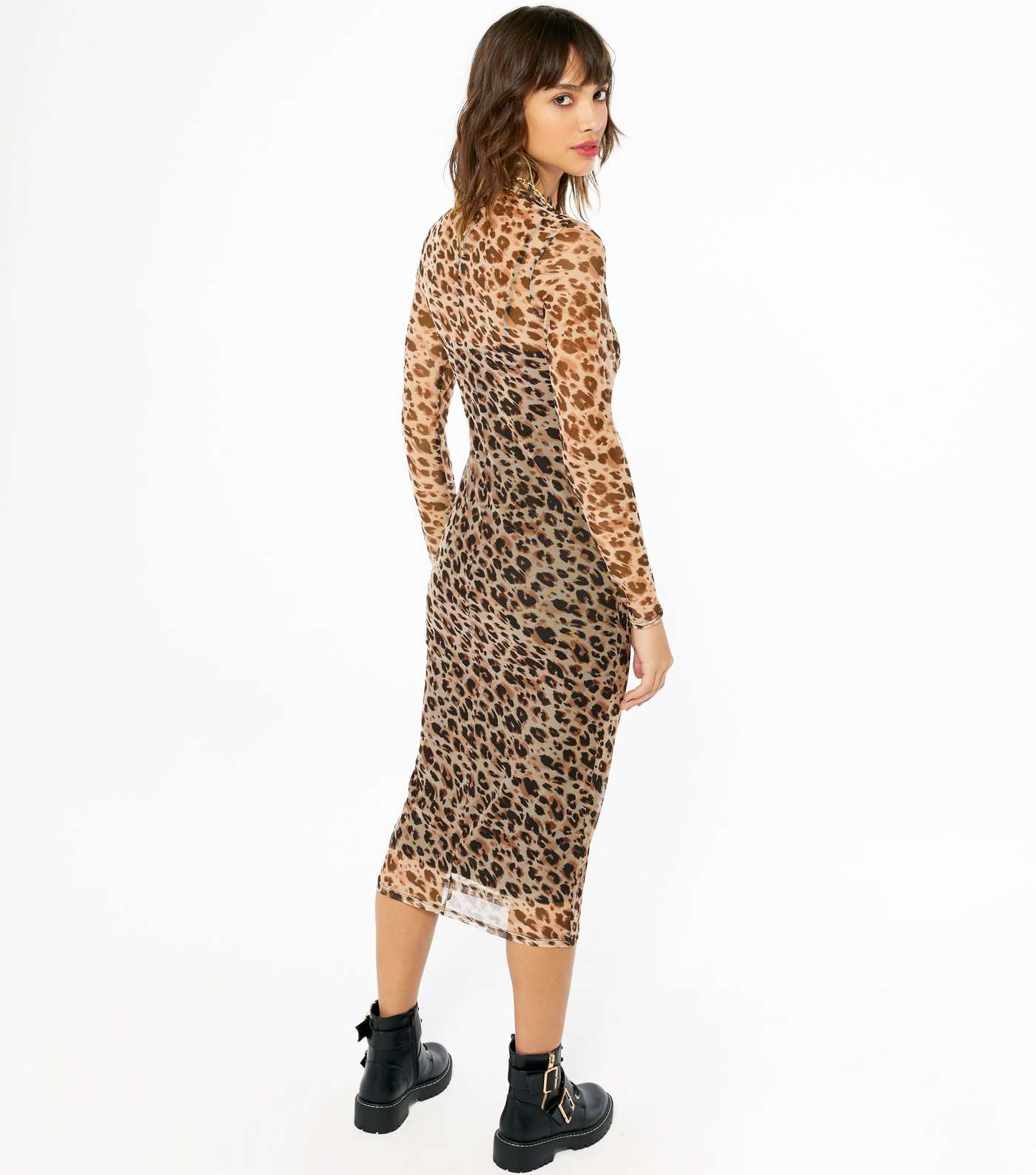 Brown Leopard Print Mesh Bodycon Midi Dress  Image 3