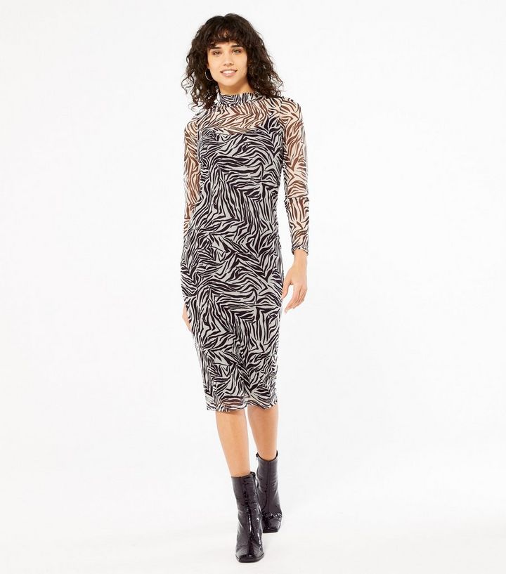 Black Zebra Print Mesh Midi Dress New Look
