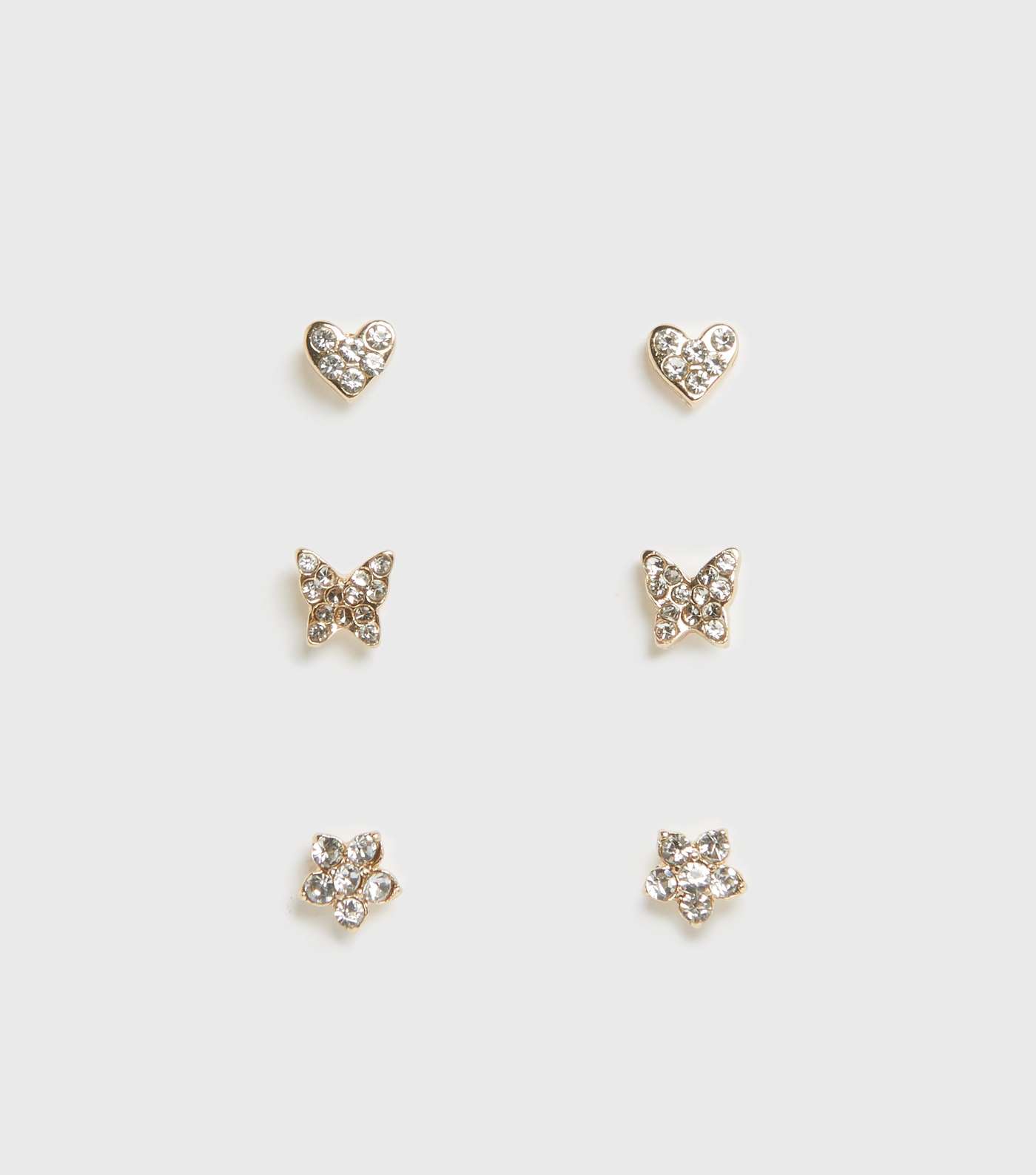 3 Pack Gold Heart Butterfly and Flower Stud Earrings