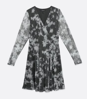 Image of Black Tie Dye Mesh Wrap Skater Dress New Look