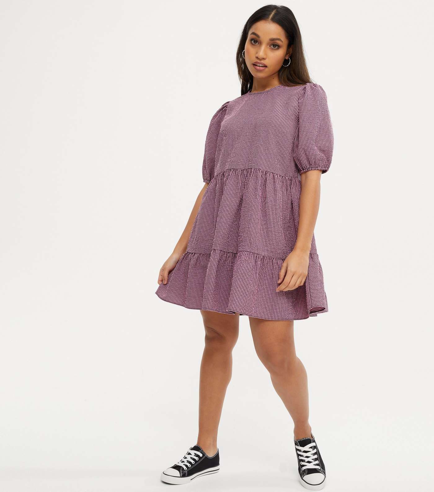 Petite Pink Gingham Puff Sleeve Tiered Smock Dress Image 2