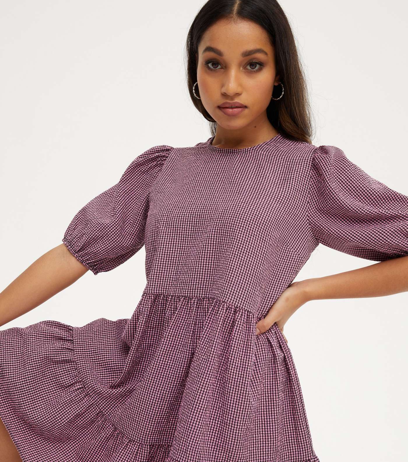 Petite Pink Gingham Puff Sleeve Tiered Smock Dress Image 4