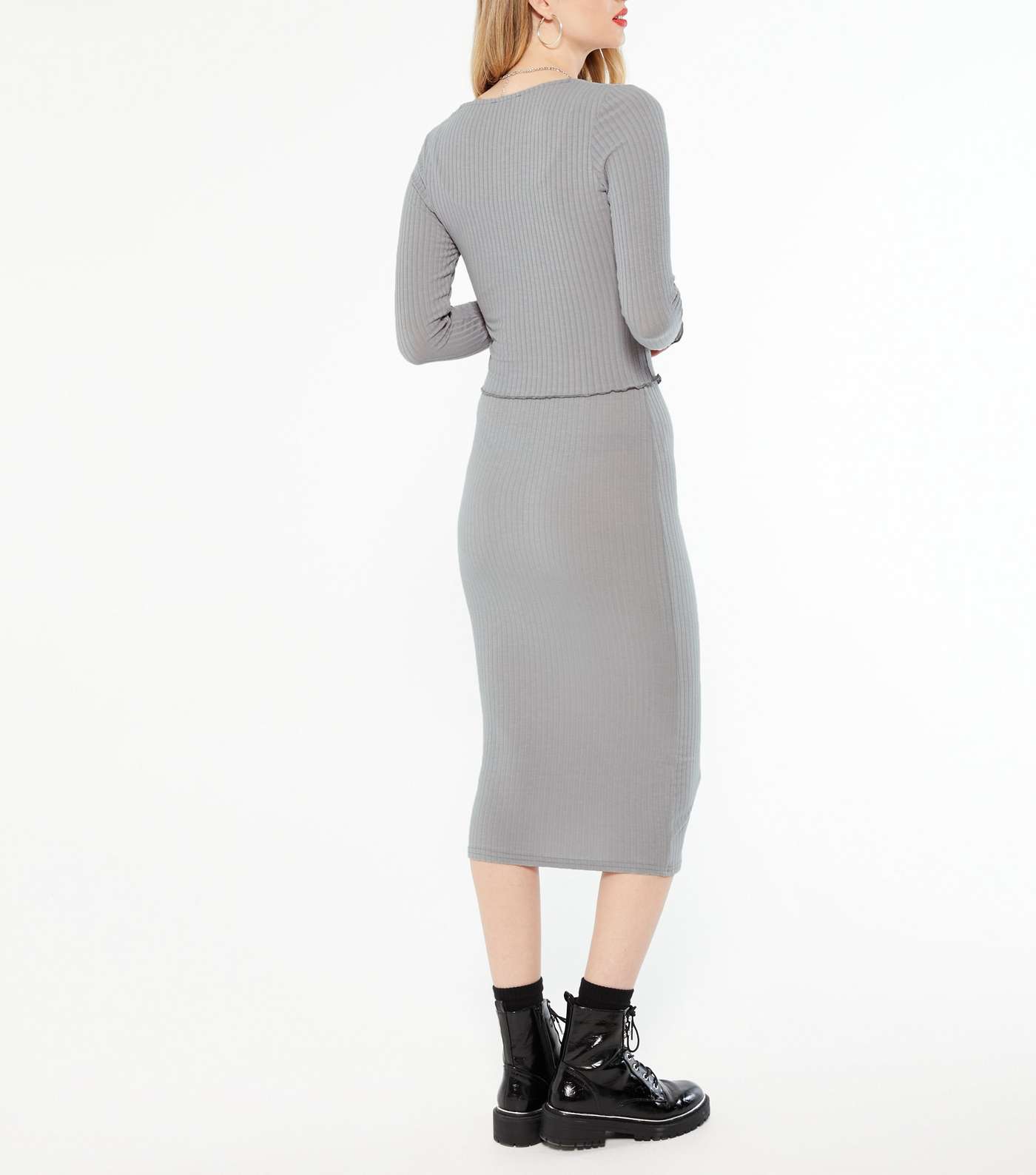 Tall Grey Ribbed Cardigan and Midi Dress Set Image 3