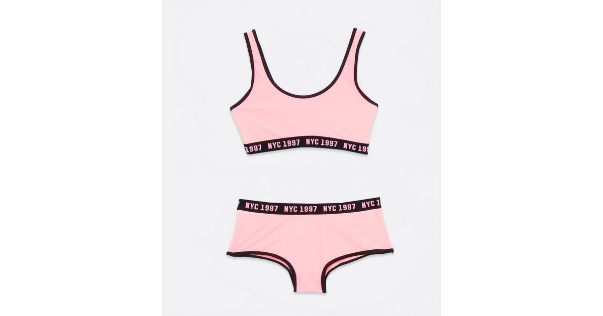 Girls Bright Pink Nyc 1997 Logo Scoop Bikini Set New Look