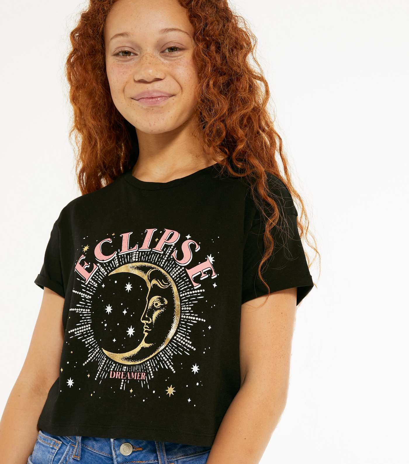Girls Black Metallic Moon Eclipse Logo T-Shirt Image 4
