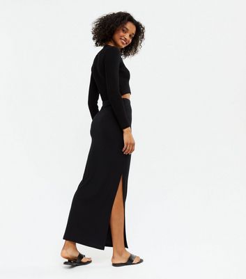 Noisy May Black Ribbed Split Hem Maxi Skirt | New Look