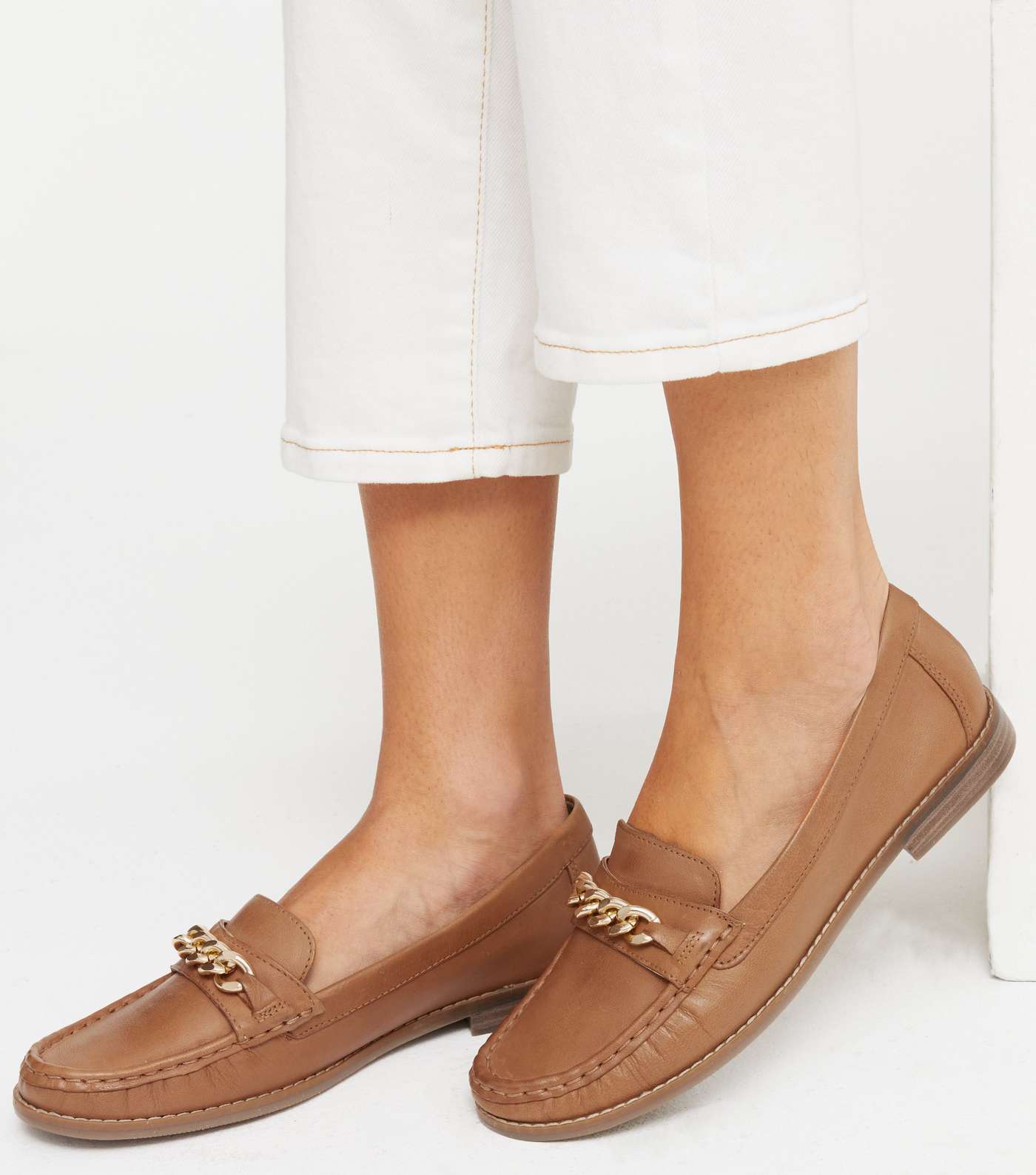 Tan Leather Chain Trim Loafers Image 2