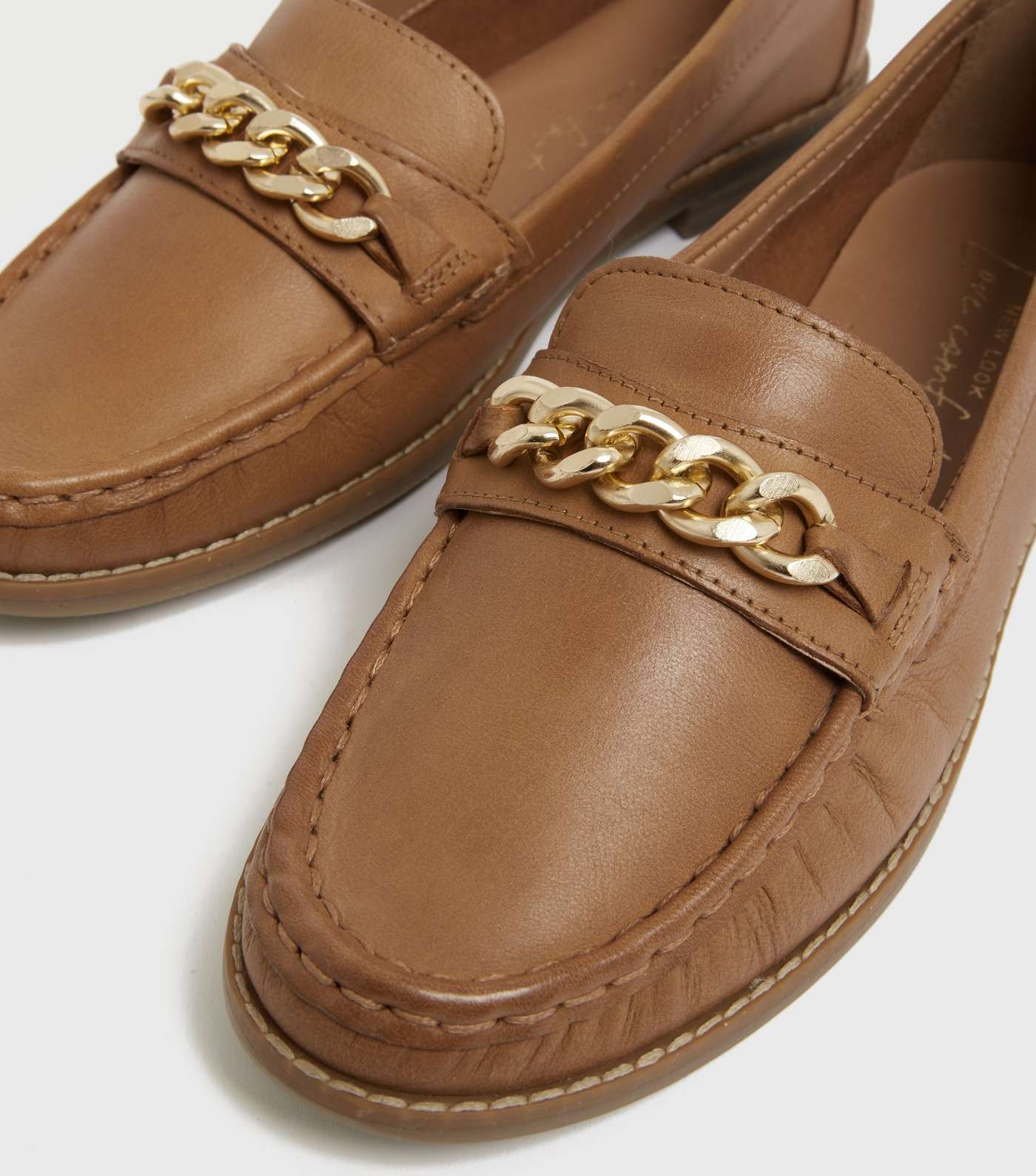 Tan Leather Chain Trim Loafers Image 4