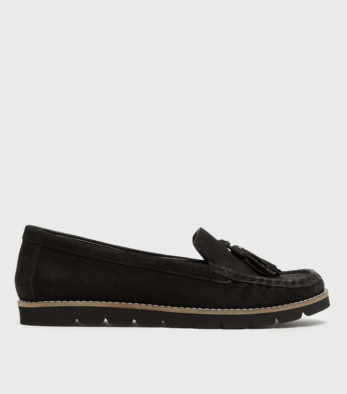 Black Leather Tassel Flexible Sole Loafers