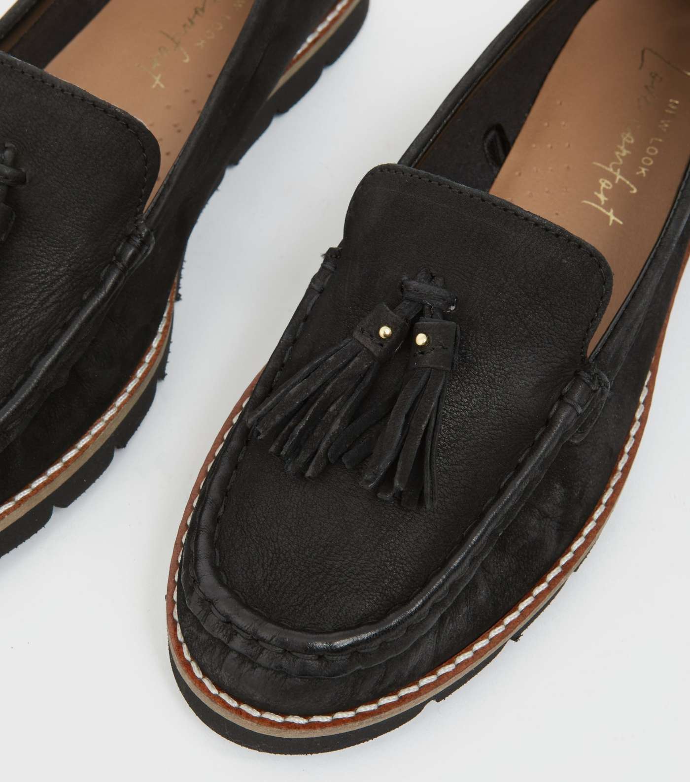 Black Leather Tassel Flexible Sole Loafers Image 3