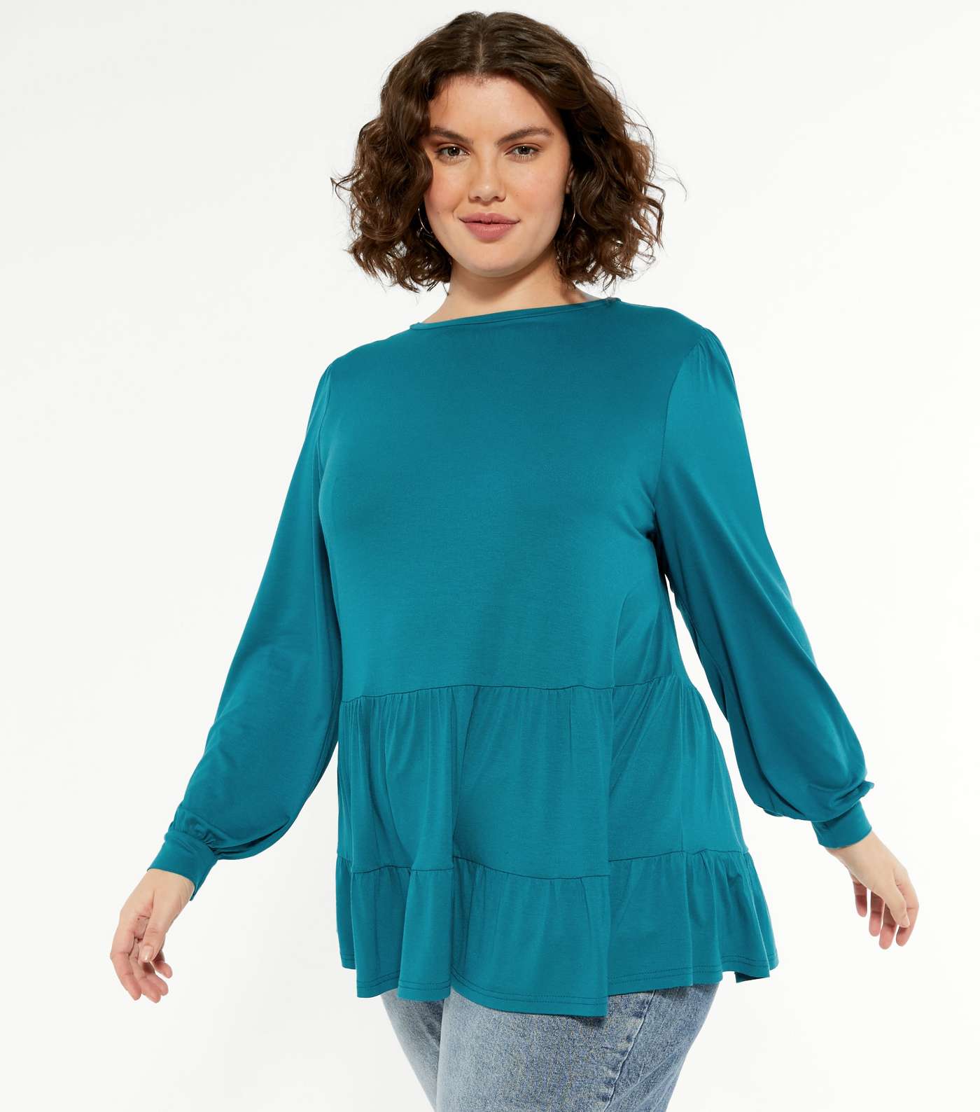 Curves Turquoise Tiered Hem Puff Sleeve Top