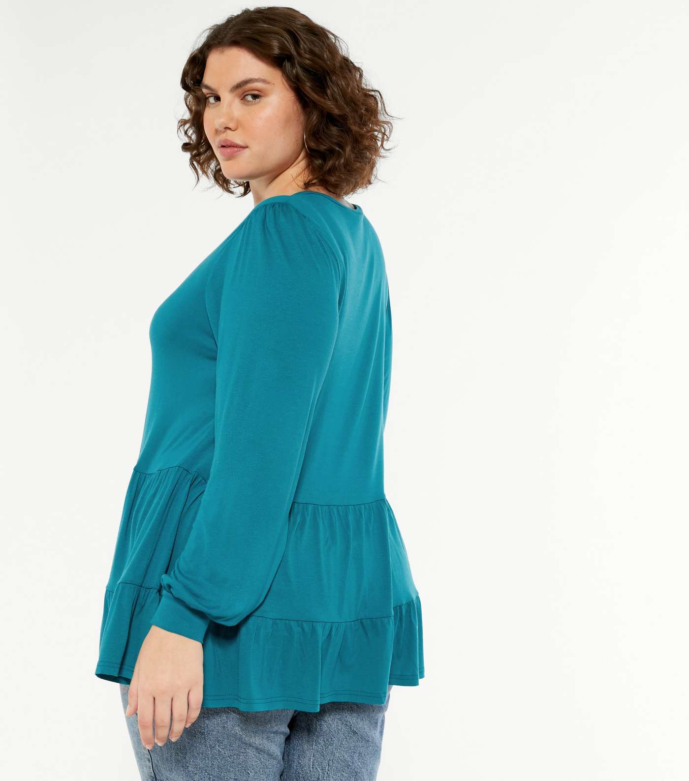 Curves Turquoise Tiered Hem Puff Sleeve Top Image 3