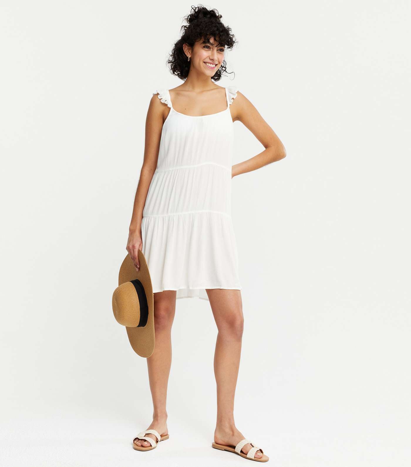 White Cheesecloth Frill Swing Beach Dress Image 2