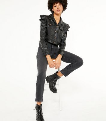 black leather jacket puff sleeve