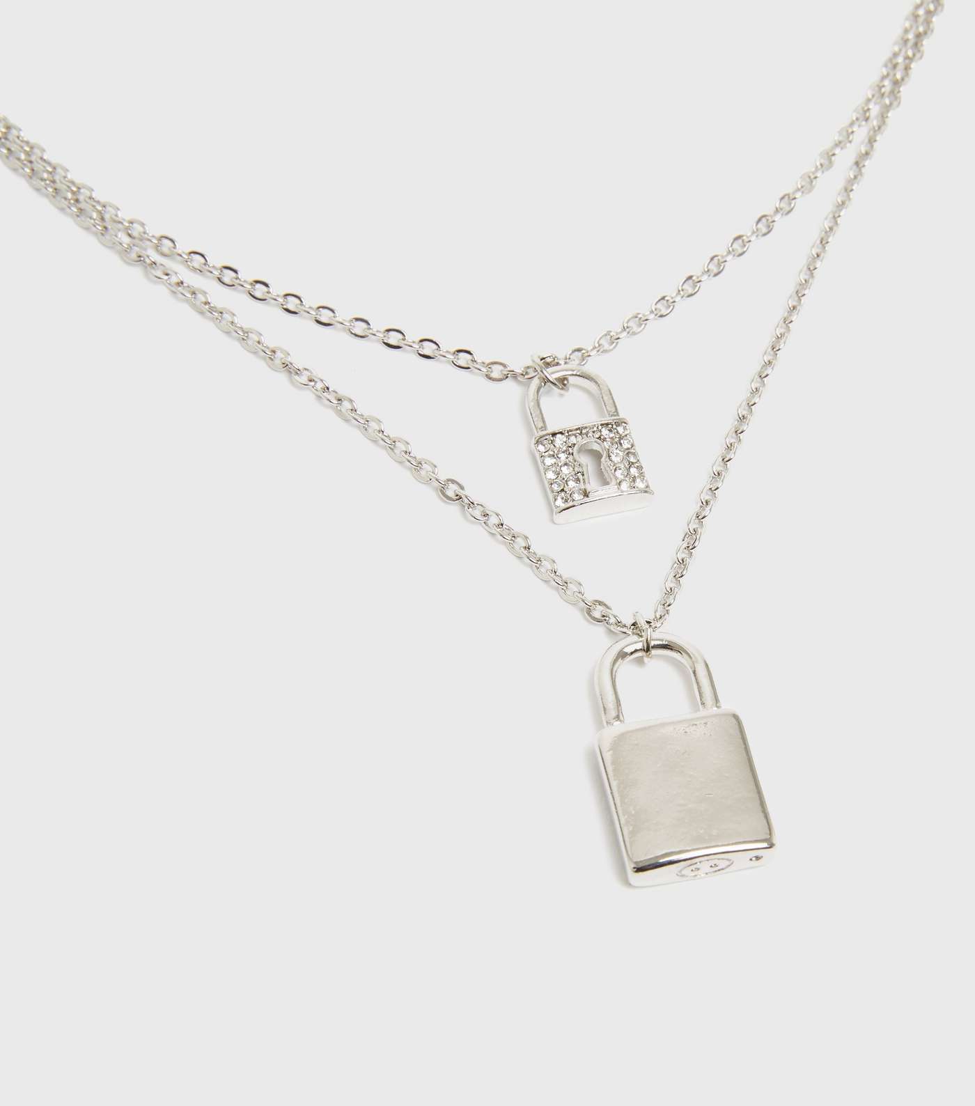 Silver Double Diamanté Padlock Layered Necklace Image 3