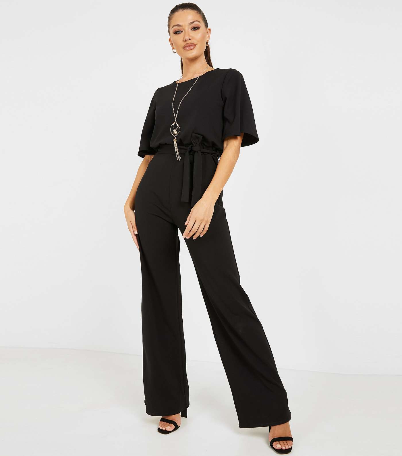 QUIZ Black Belted Jumpsuit with Necklace