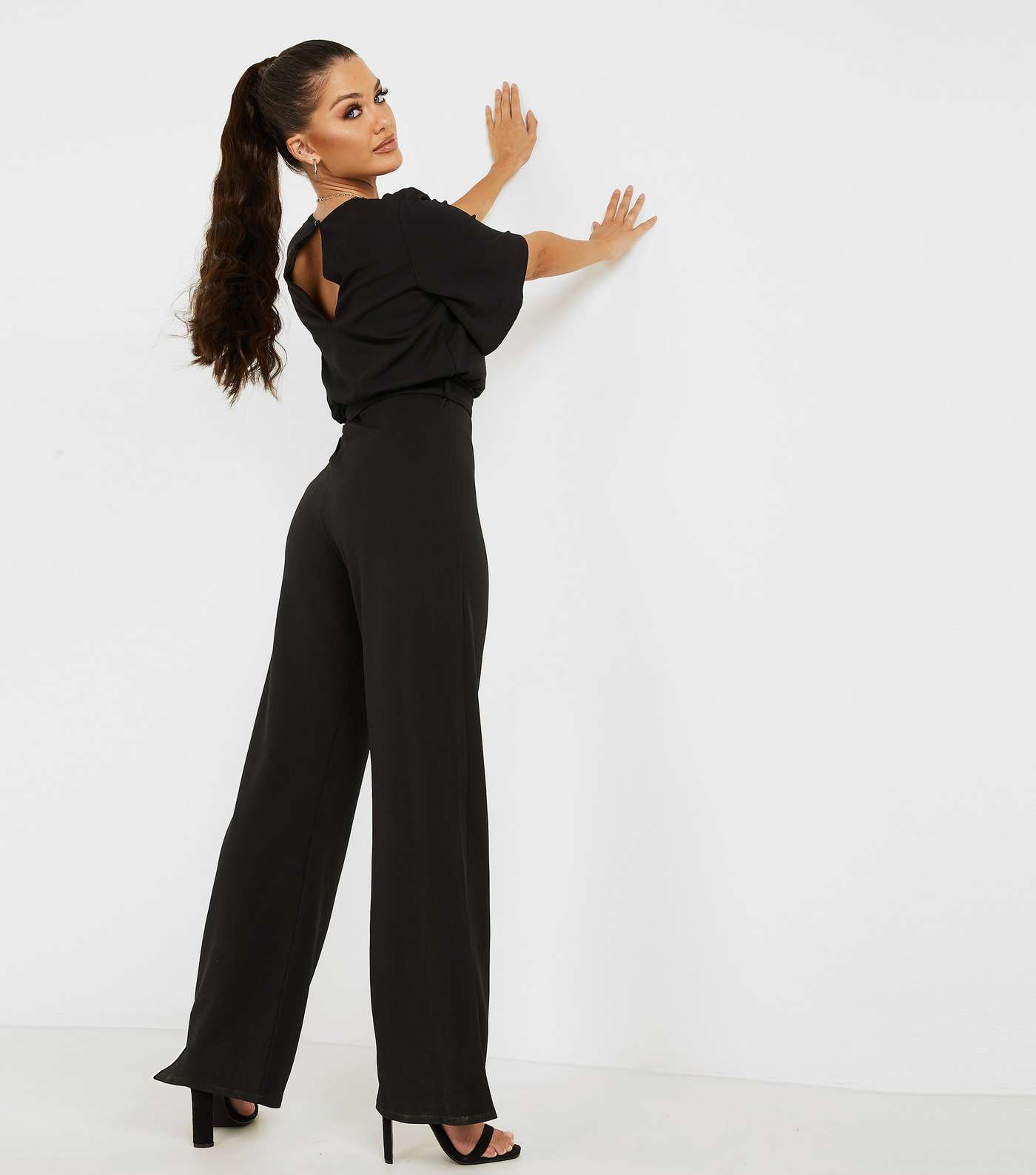 QUIZ Black Belted Jumpsuit with Necklace Image 3
