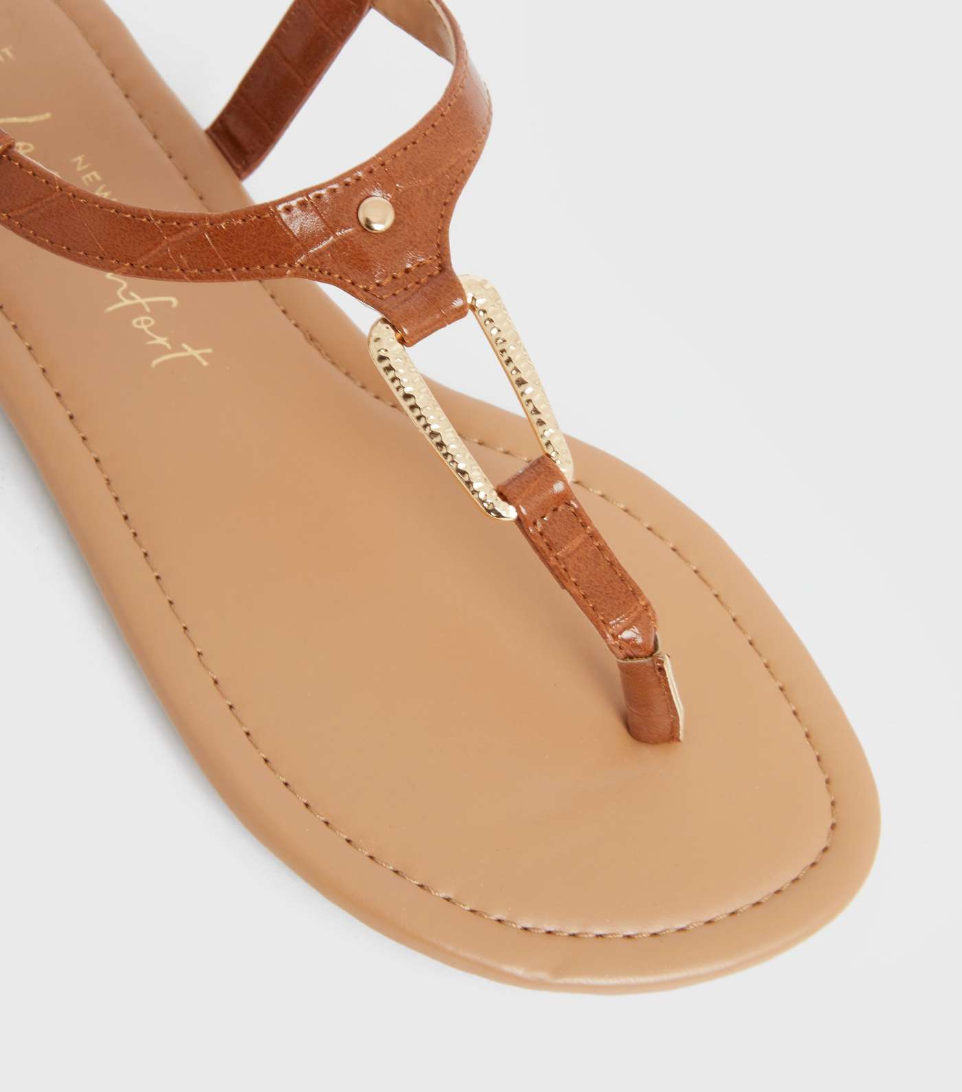 Wide Fit Tan Faux Croc Metal Trim Flat Sandals Image 3