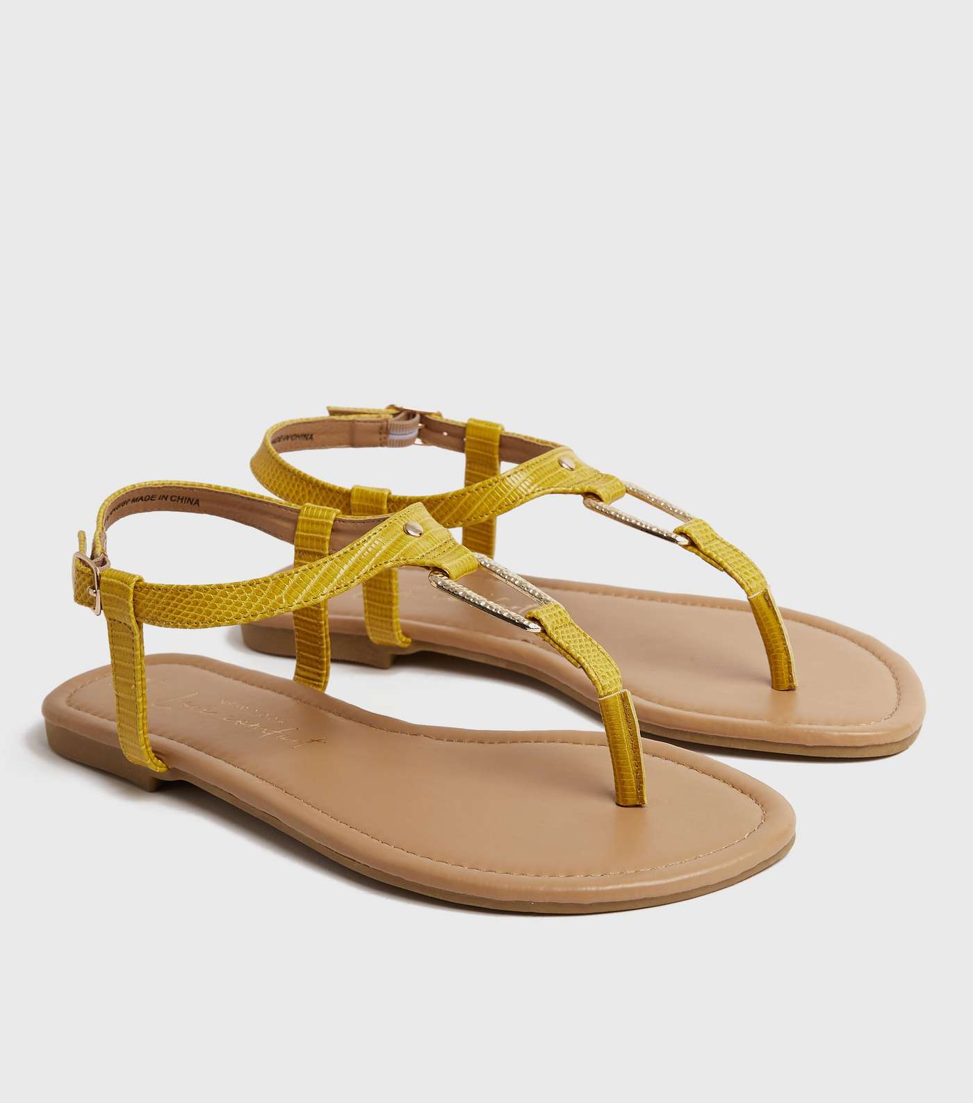 Wide Fit Mustard Faux Croc Metal Trim Flat Sandals
