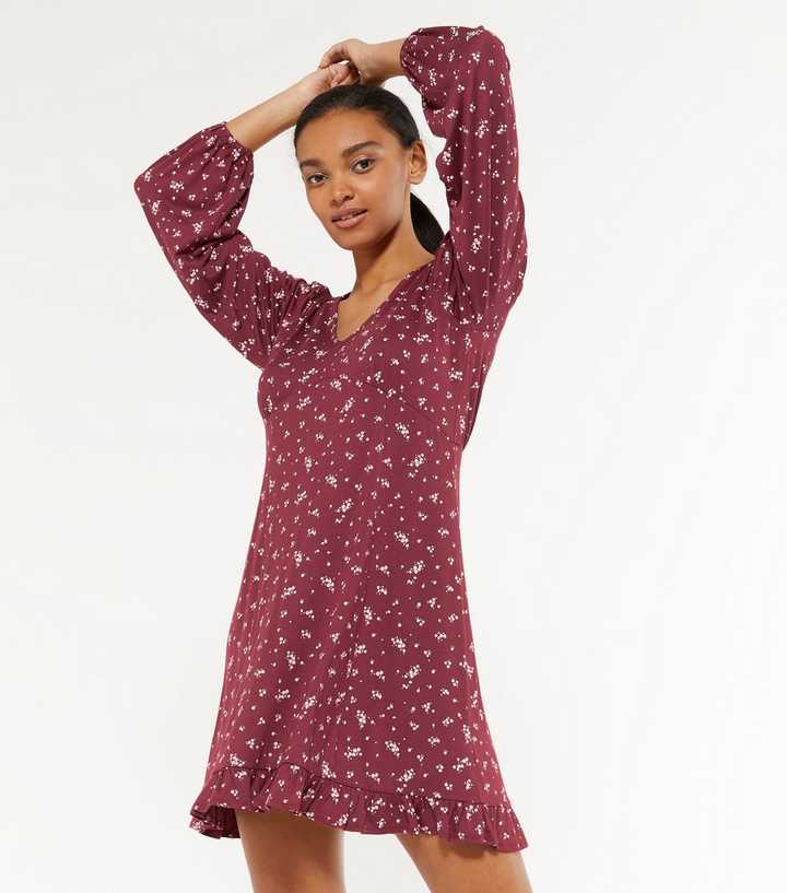 Burgundy Ditsy Floral Long Sleeve Tea Dress | New Look