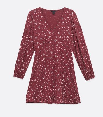 Image of Burgundy Ditsy Floral Long Sleeve Tea Dress New Look