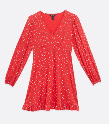 Red Ditsy Floral Long Sleeve Tea Dress | New Look