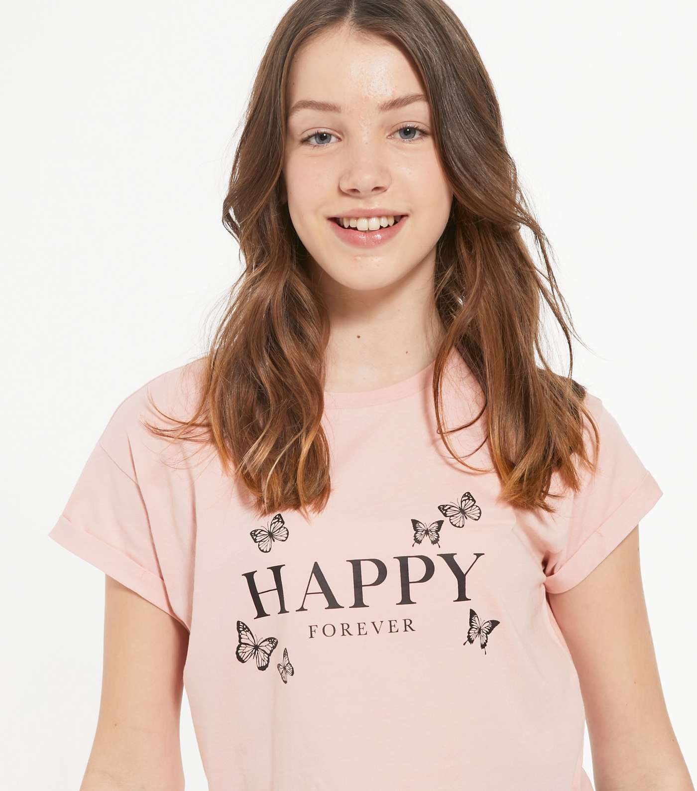 Girls Pale Pink Happy Forever Butterfly Logo T-Shirt Image 4