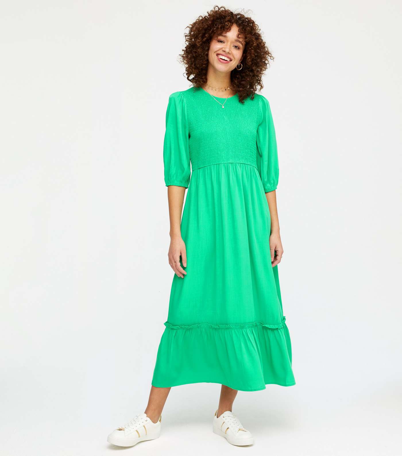 Green Shirred Frill Hem Midi Dress